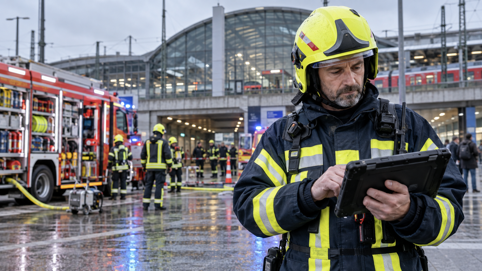 Municipal fire-and-rescue incident commander using a ruggedised tablet at a public infrastructure incident
