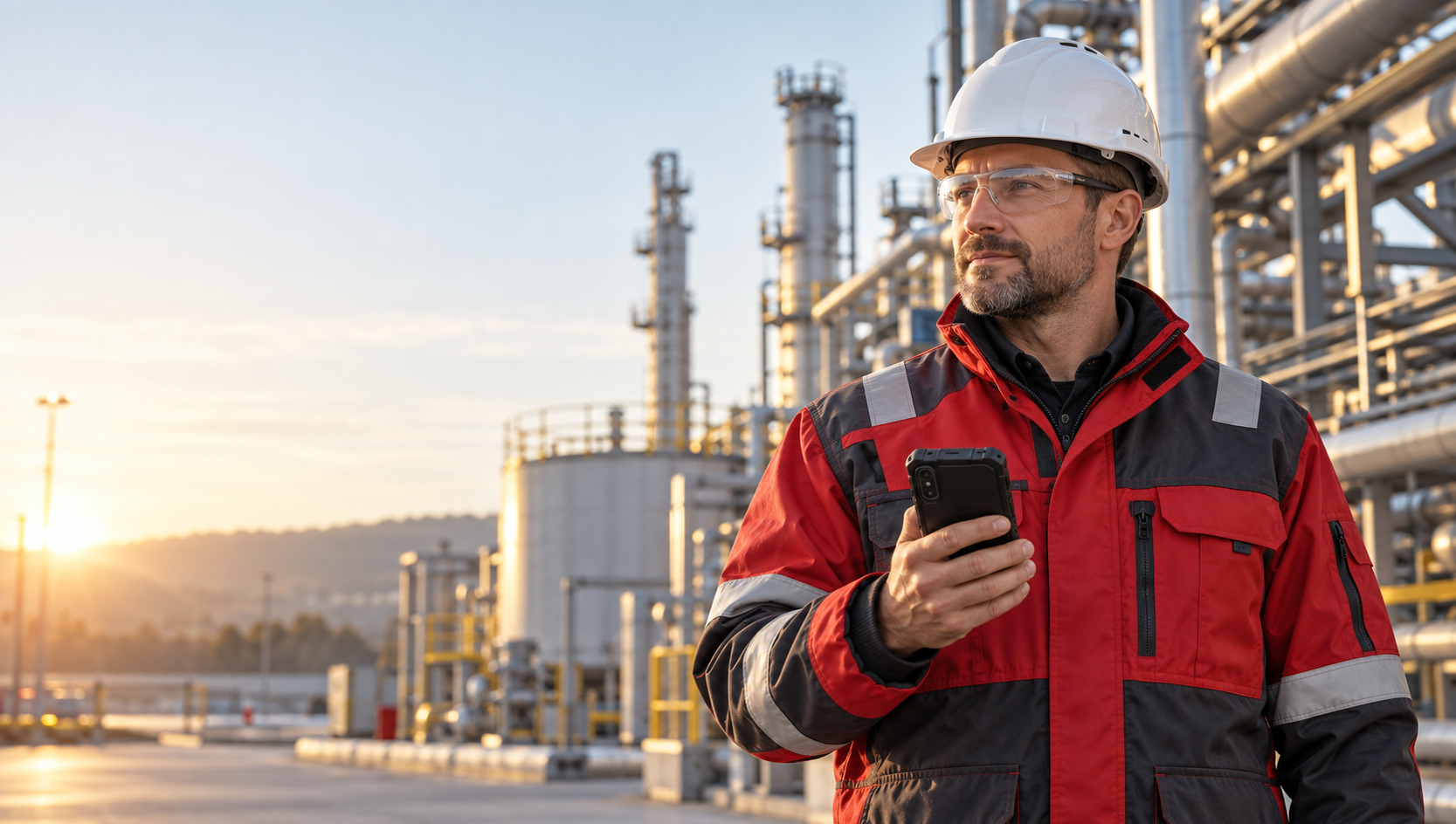 Operator using a ruggedised handheld in a hazardous industrial environment